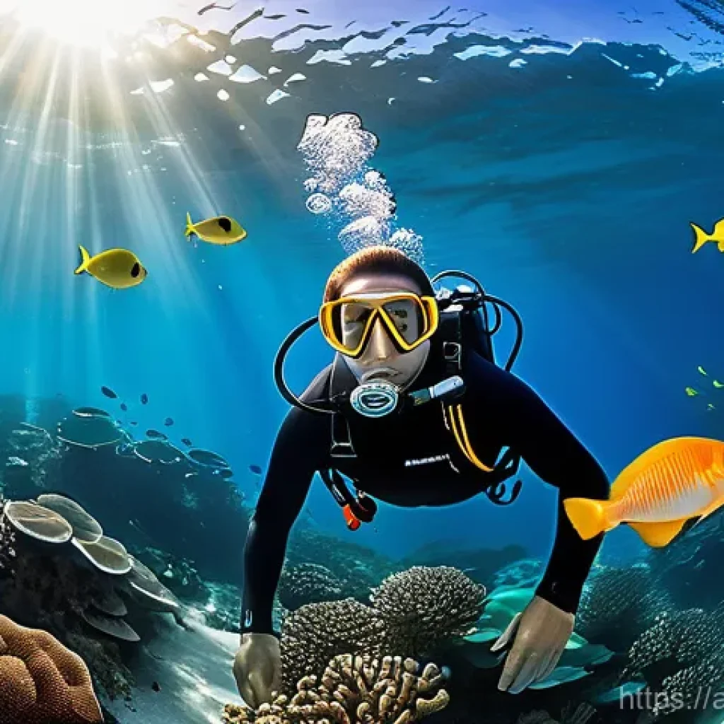 다이빙 강사로서의 커리어 패스 - **Prompt Title: "First Encounter with the Ocean's Majesty"**
    A wide-angle, vibrant underwater ph...