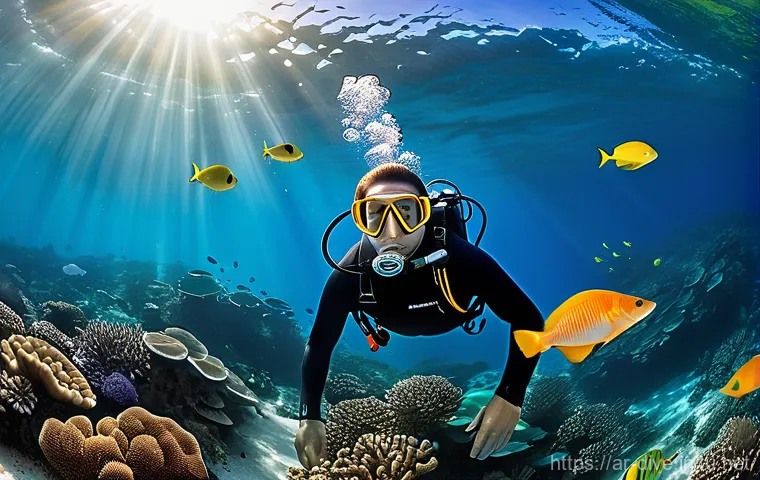 다이빙 강사로서의 커리어 패스 - **Prompt Title: "First Encounter with the Ocean's Majesty"**
    A wide-angle, vibrant underwater ph...