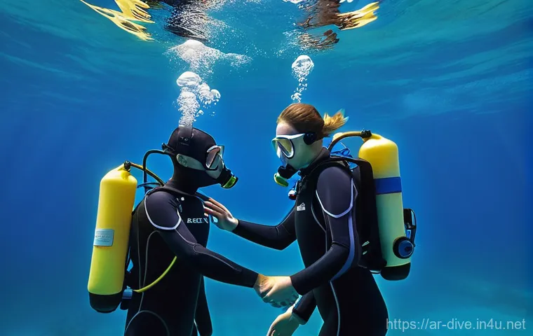 다이빙 강사로서의 커리어 패스 - **Prompt Title: "First Encounter with the Ocean's Majesty"**
    A wide-angle, vibrant underwater ph...