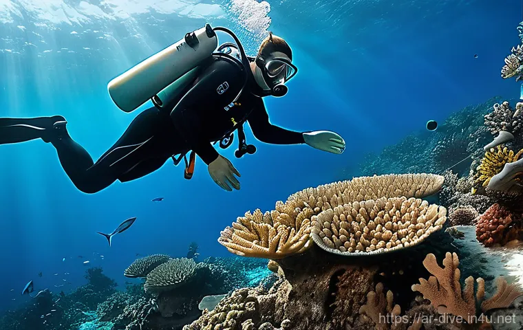 다이빙 강사로서의 커리어 패스 - **Prompt Title: "Patient Guidance: Overcoming Fear Underwater"**
    An intimate, close-up underwate...