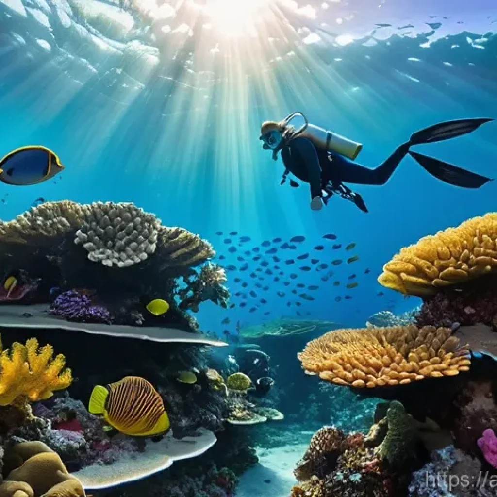 다이빙 강사 필수 수중 촬영 스킬 - **"A vibrant underwater scene in shallow, sunlit tropical waters. Sunlight streams down, illuminatin...