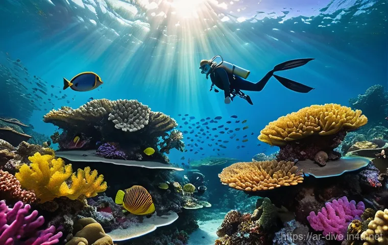 다이빙 강사 필수 수중 촬영 스킬 - **"A vibrant underwater scene in shallow, sunlit tropical waters. Sunlight streams down, illuminatin...