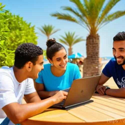 다이빙 강사 채용 사이트 리스트 - **Prompt:** A group of diverse young adults, including an Arab male and female, are gathered around ...