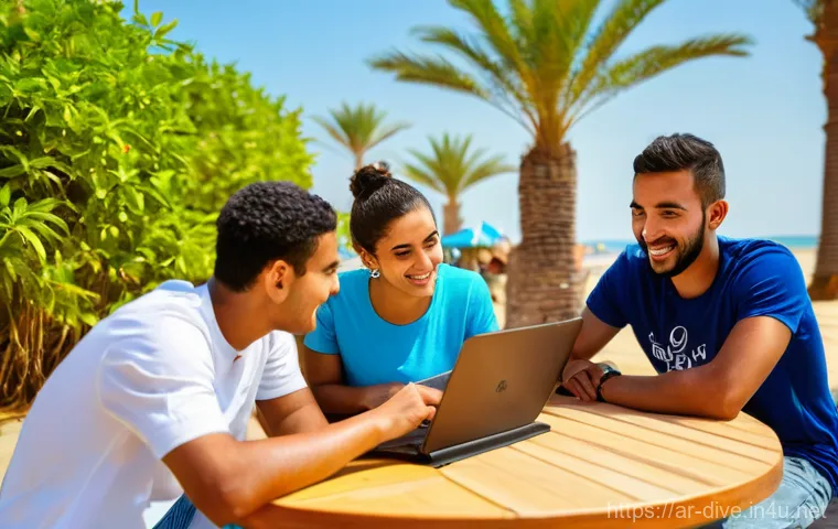 다이빙 강사 채용 사이트 리스트 - **Prompt:** A group of diverse young adults, including an Arab male and female, are gathered around ...