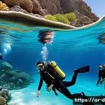 다이빙 강사 강습 홍보 방법 - A vibrant underwater scene showcasing a diverse group of adult scuba diving trainees wearing modern,...