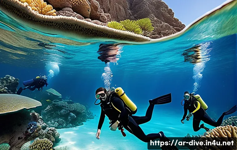 다이빙 강사 강습 홍보 방법 - A vibrant underwater scene showcasing a diverse group of adult scuba diving trainees wearing modern,...