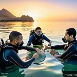 다이빙 강사 실습 체크리스트 - A skilled Arabic-speaking scuba diving instructor demonstrating essential technical skills to a dive...