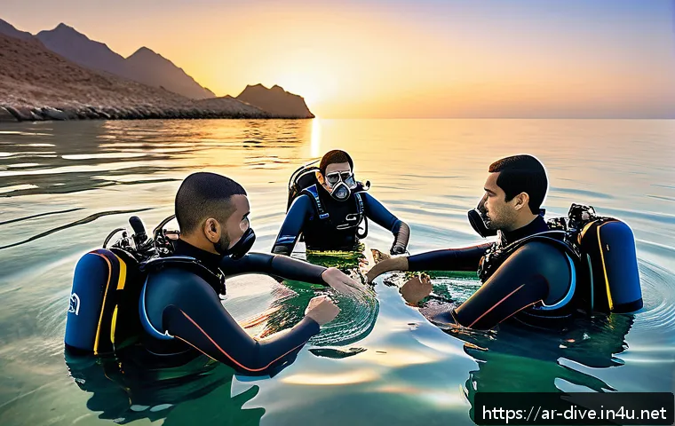 다이빙 강사 실습 체크리스트 - A skilled Arabic-speaking scuba diving instructor demonstrating essential technical skills to a dive...