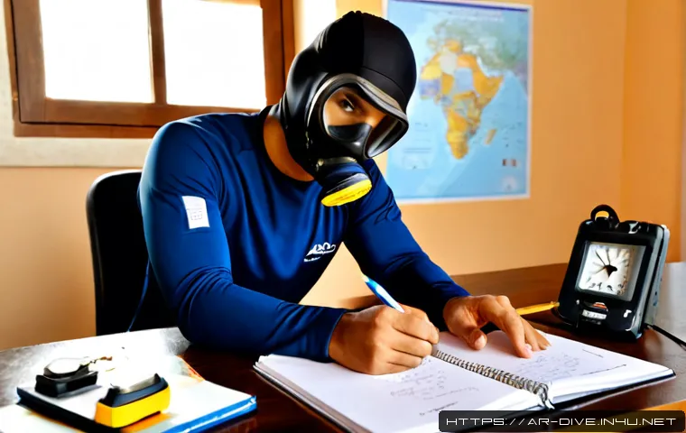 다이빙 강사 이론 시험 고득점 비결 - Photorealistic study scene for diving instructor theory exam success, confident Arab adult diver in ...
